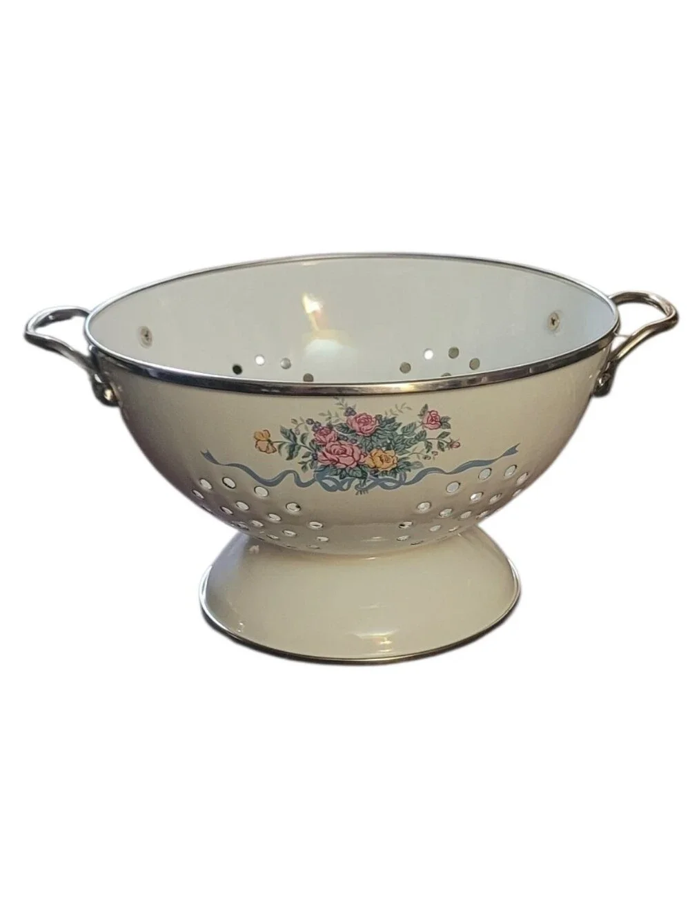 Classic White Floral Enamel Colander with Handles